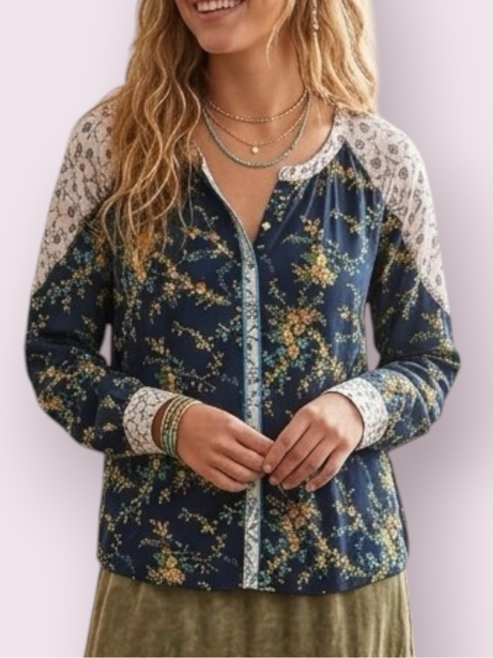 Sundance Button Up Top Contrasting Floral Print Blue White Yellow Petite Large